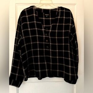 Madewell black/cream long sleeve v-neck buttoned cotton blouse